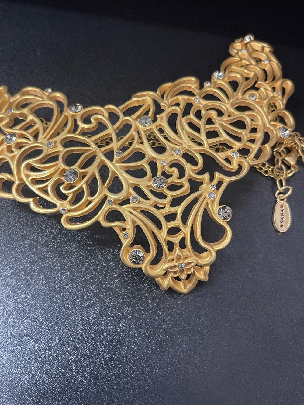 Tahari Gold Ornate Filigree Necklace with Crystal Accents